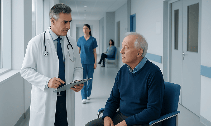 Doctor consulting elderly patient in hospital corridor.