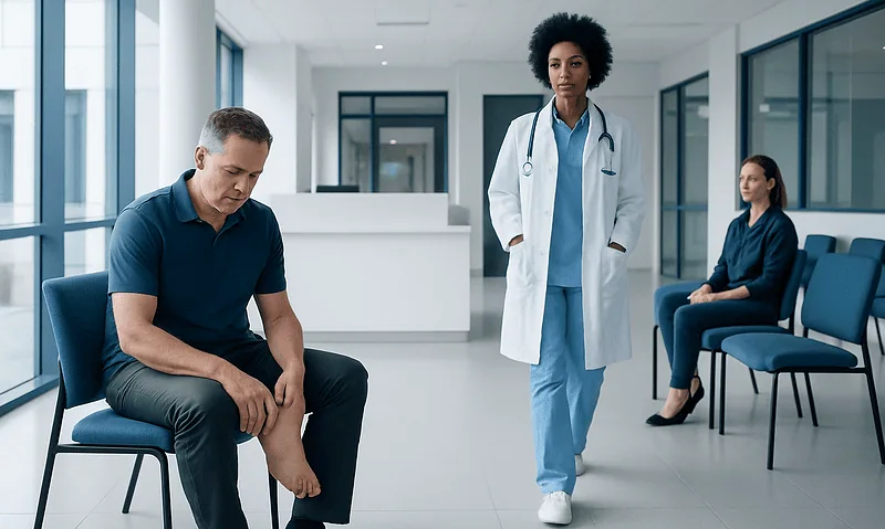 Patient with leg swelling consulting a doctor in hospital corridor.