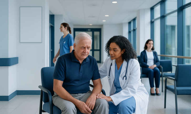 Doctor comforting an elderly patient in a hospital corridor.