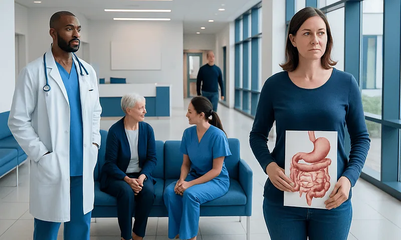 Woman holding a stomach diagram in a hospital corridor with medical staff and patients.