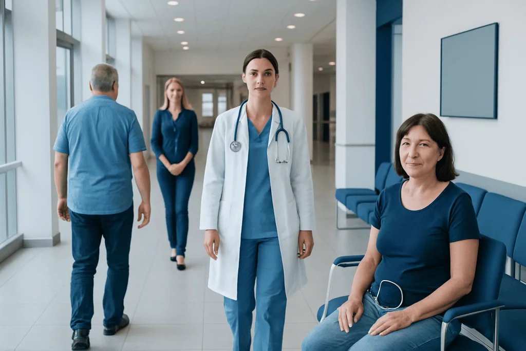 Peritoneal Dialysis — Explained by Medical Evidence, Not Myths 1 Healthcare professionals and patient in hospital corridor, medical staff in white coat.