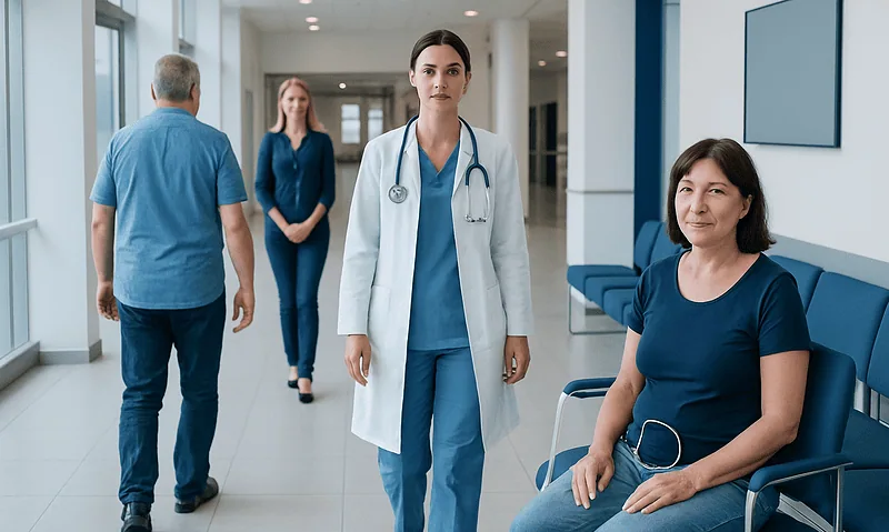 Healthcare professionals and patient in hospital corridor, medical staff in white coat.