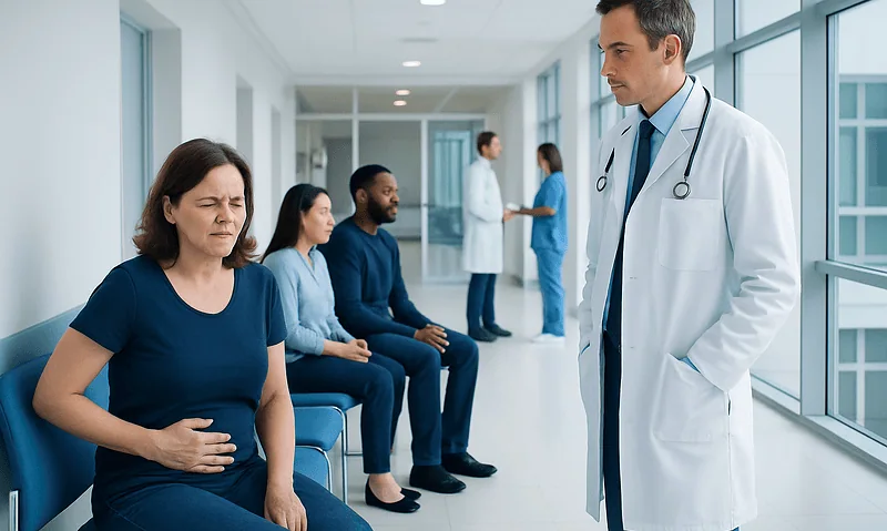 Patient experiencing abdominal pain in hospital waiting area.