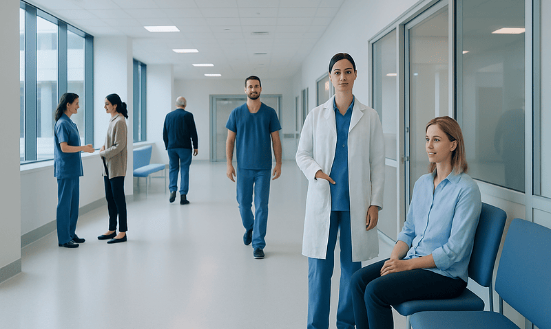 Healthcare professionals in a modern hospital corridor with patients and staff.