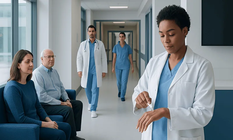 Healthcare professionals and patients in a hospital corridor.