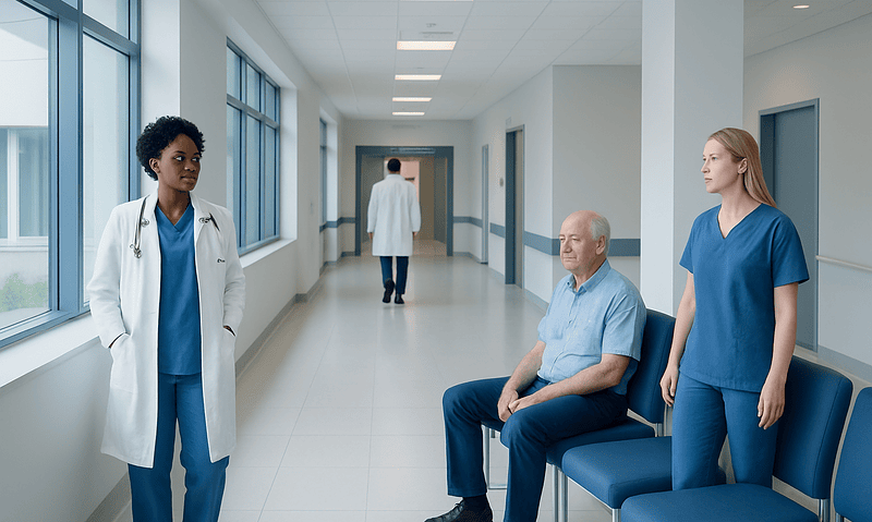 Medical team discussing patient care in hospital corridor at Acibadem Hospitals.