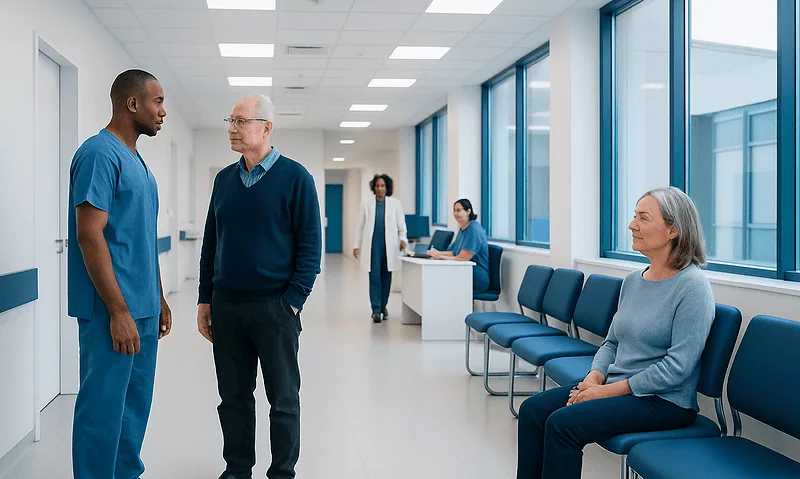 Healthcare professionals discussing patient care in hospital corridor.