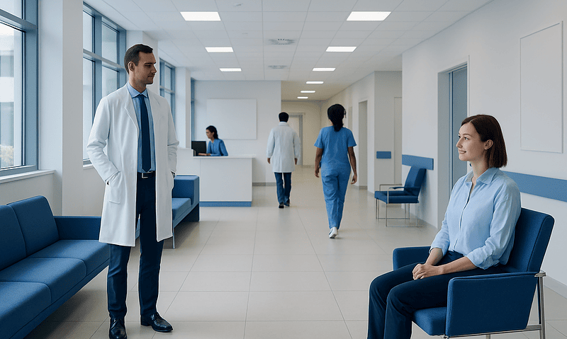 Medical professionals and patients in a modern hospital corridor.