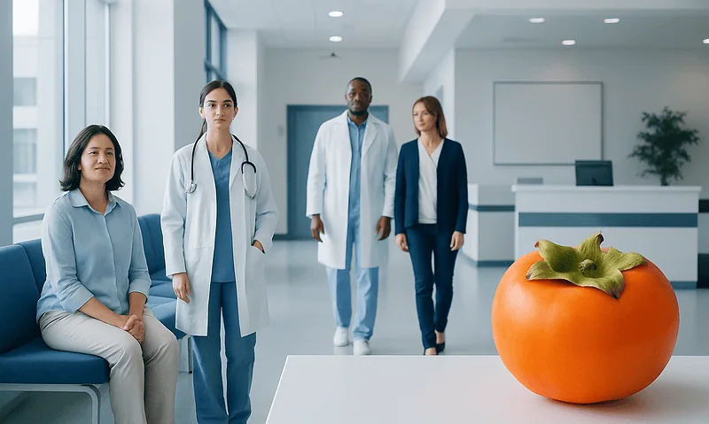 Medical team in hospital corridor with a persimmon fruit on a table.