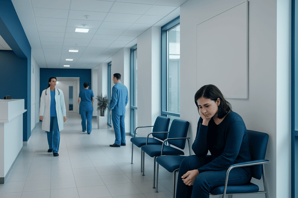 Persistent Depressive Disorder: Diagnosis, Outlook, and Modern Treatment Approaches 1 Patient waiting alone in hospital corridor with medical staff in background.