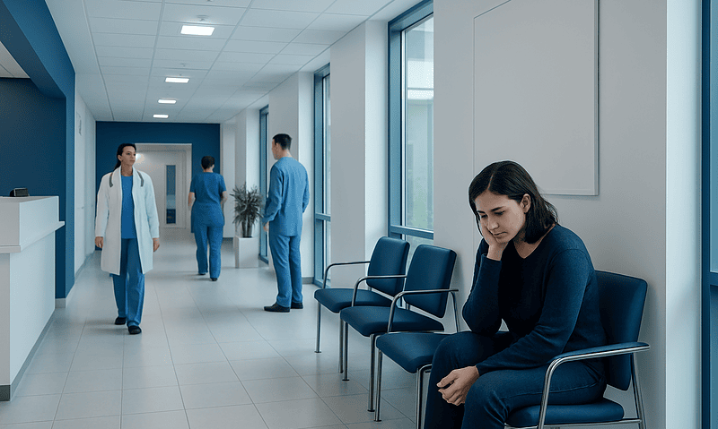 Patient waiting alone in hospital corridor with medical staff in background.