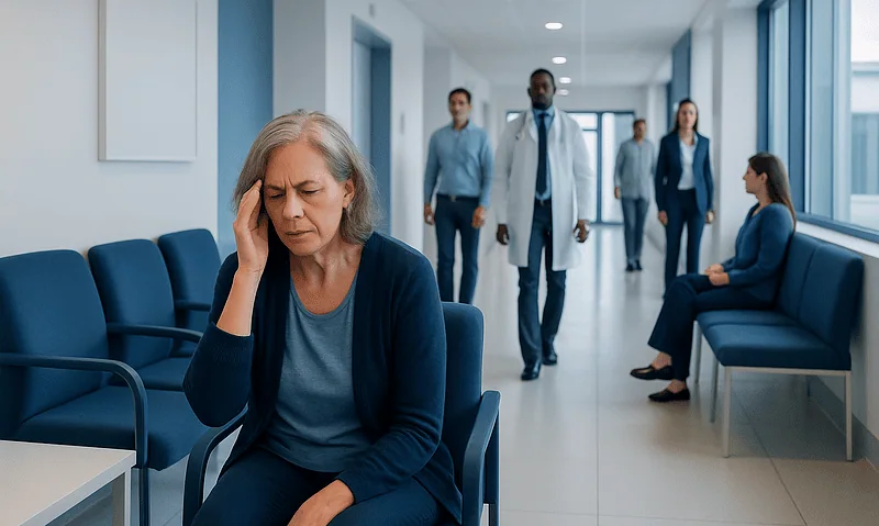 Elderly woman experiencing dizziness in a hospital waiting area.