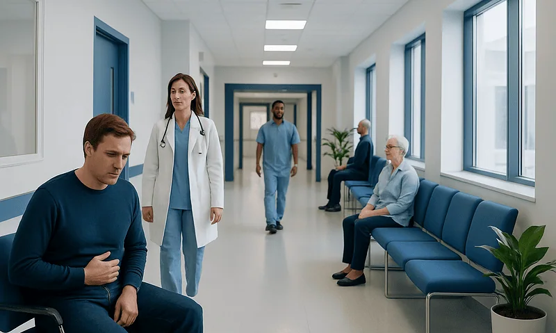 Patient experiencing hiccups in hospital corridor with medical staff nearby.