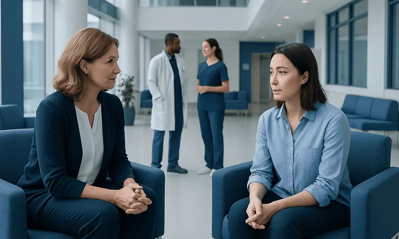 Therapist and patient in a modern hospital waiting area.
