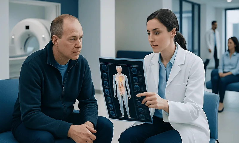Doctor explaining PET-CT scan results to patient in hospital setting.