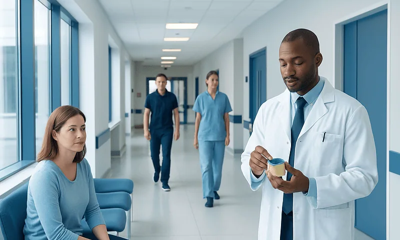 Doctor consulting with a patient in hospital corridor with medical staff in background.