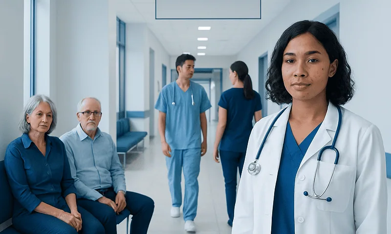 Healthcare professionals and patients in a hospital corridor.