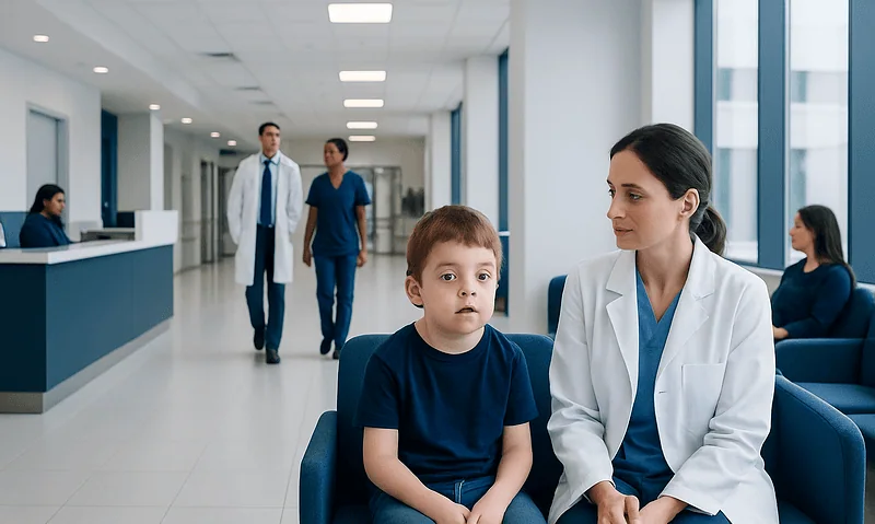 Child and doctor in hospital waiting area at Acibadem Hospitals Group.
