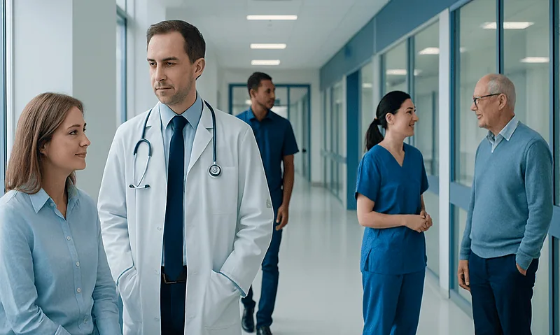 Medical team consulting in hospital corridor with patients and staff.