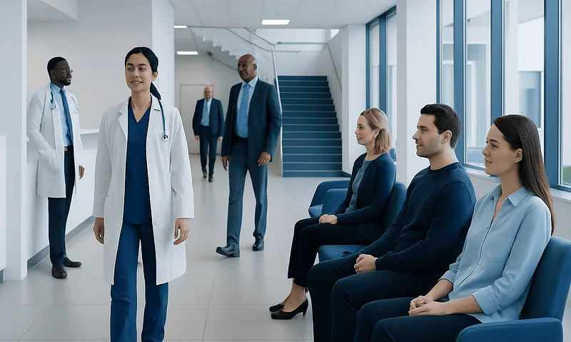 Medical team and patients in a modern hospital corridor.