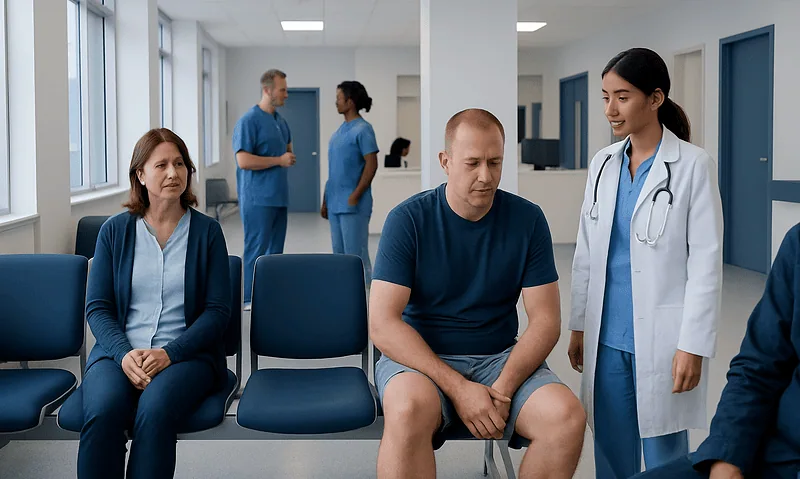 Patients waiting in a hospital corridor with medical staff nearby.