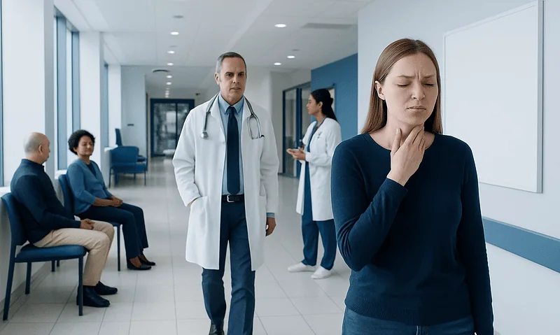 Pharyngitis: Early Signs, Risk Factors, and How It Is Treated 15 Young woman with sore throat in hospital corridor with doctors and patients.