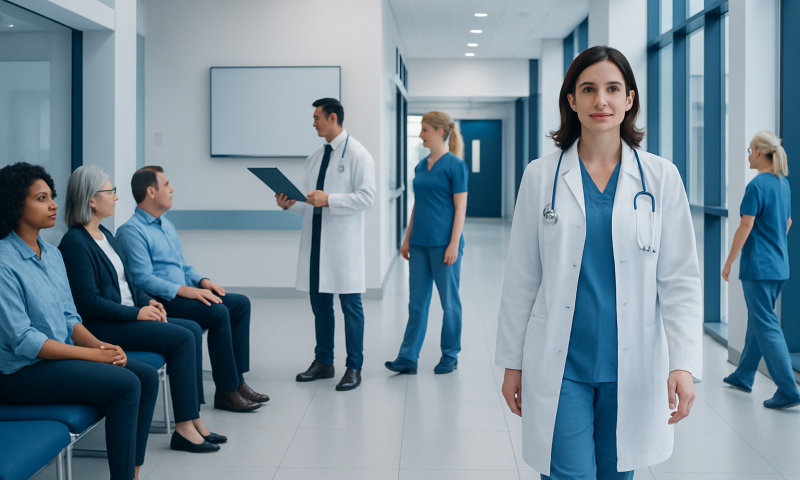Healthcare professionals and patients in a modern hospital corridor.