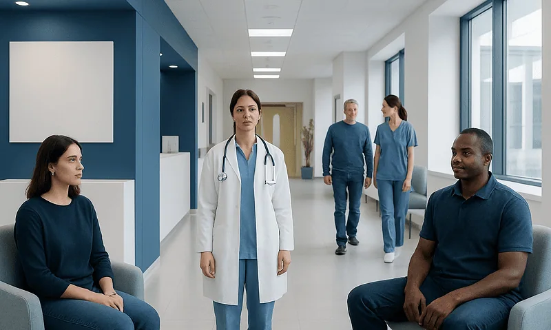 Medical professionals and patients in a modern hospital corridor.