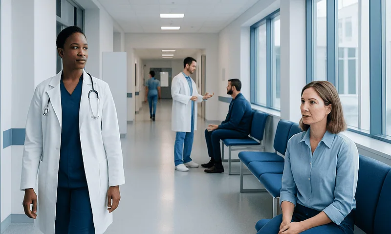 Medical professionals and patients in a hospital corridor at Acibadem Hospitals Group.