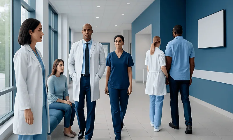 Medical team in hospital corridor preparing for patient care.