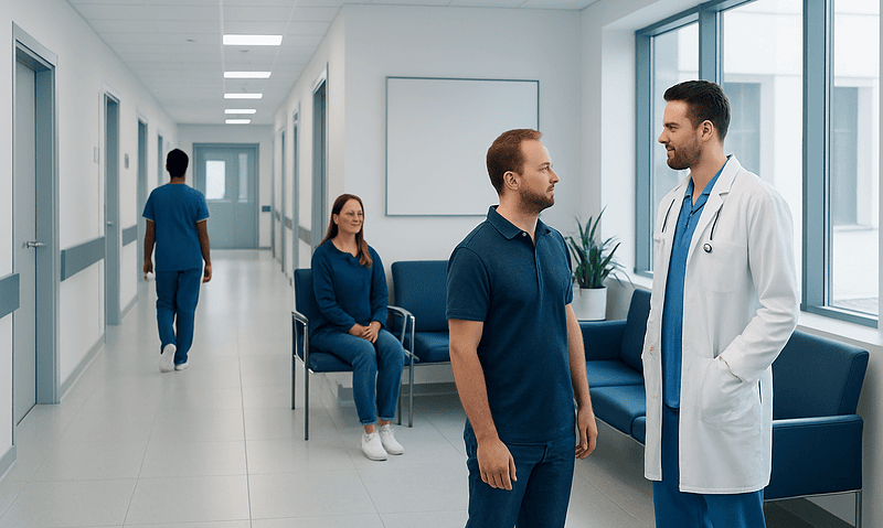 Doctor consulting patient in hospital corridor with waiting area.