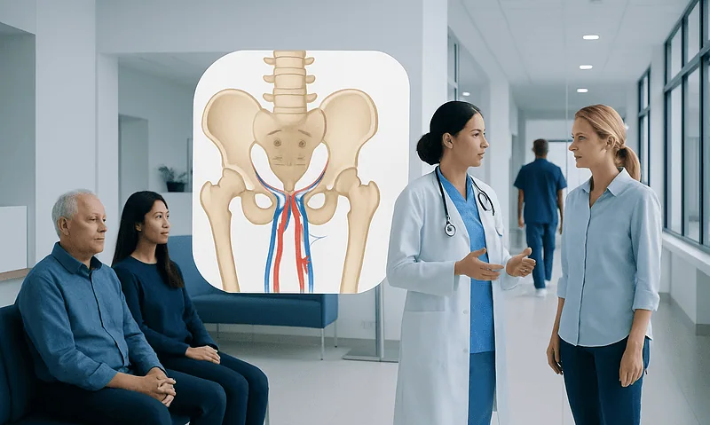 Medical consultation about pelvic health with a diagram of the pelvis and blood vessels.