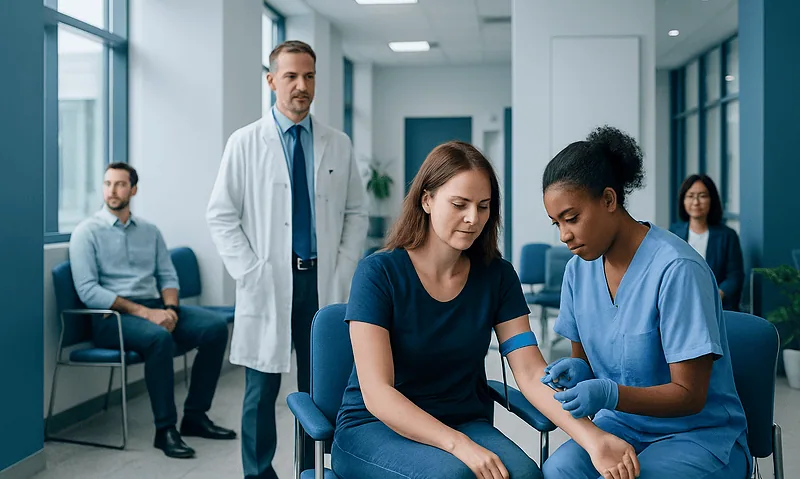 Patient having blood drawn in a modern hospital setting.
