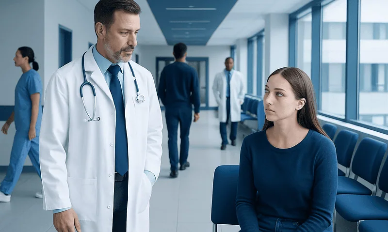 Doctor consulting with a young female patient in a hospital corridor.