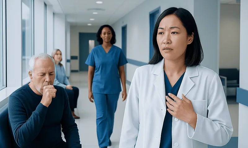 Doctor showing concern in hospital corridor with patient coughing.