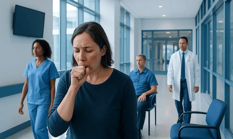 Phlegm with black dots: Common Causes, Warning Signs, and When to See a Doctor 12 Woman coughing in hospital corridor with medical staff nearby.