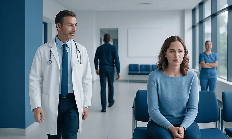 Doctor and patient in a hospital waiting area, healthcare setting.