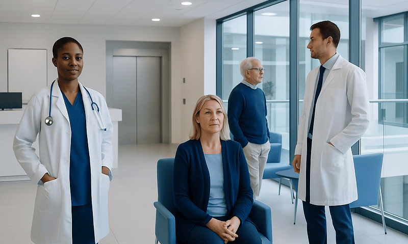 Medical team consulting in a modern hospital setting.