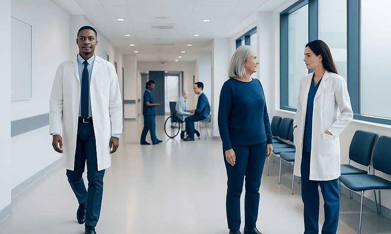 Medical professionals and patient in hospital corridor at Acibadem Hospitals Group.