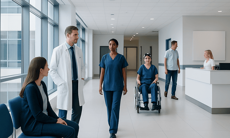 Medical staff and patients in a modern hospital corridor at Acibadem Hospitals Group.