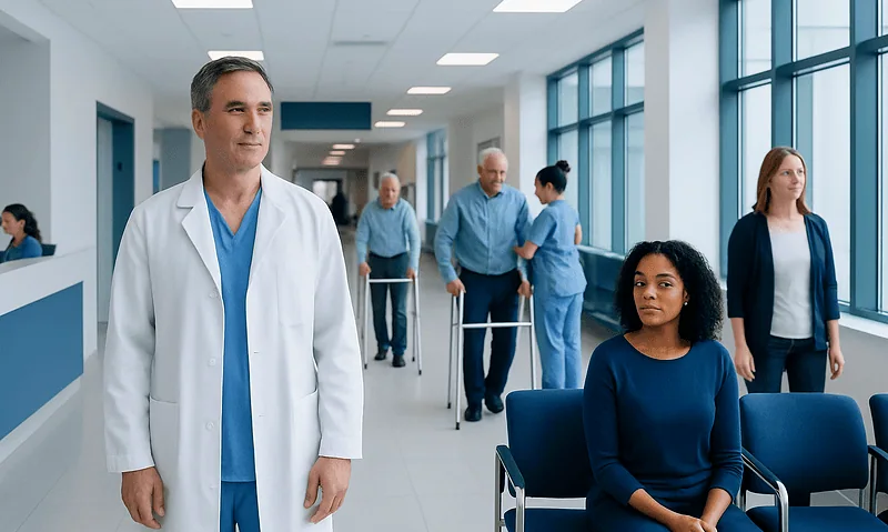Hospital corridor with doctors and patients, modern medical facility.