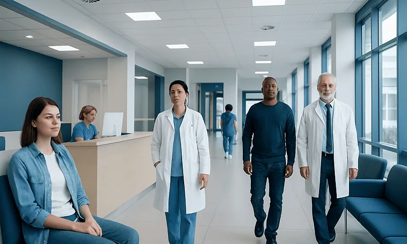 Medical staff and patients in a modern hospital corridor.