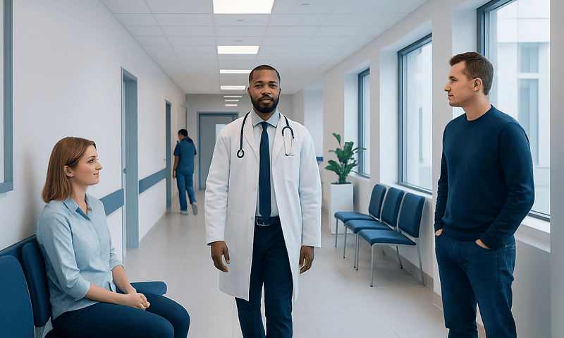 Doctor consulting with patient and visitor in hospital corridor.