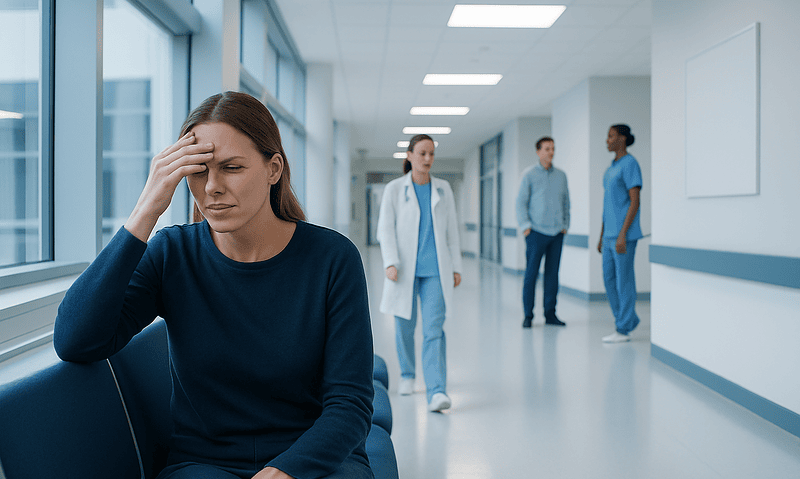 Patient experiencing headache in hospital corridor, seeking medical help.