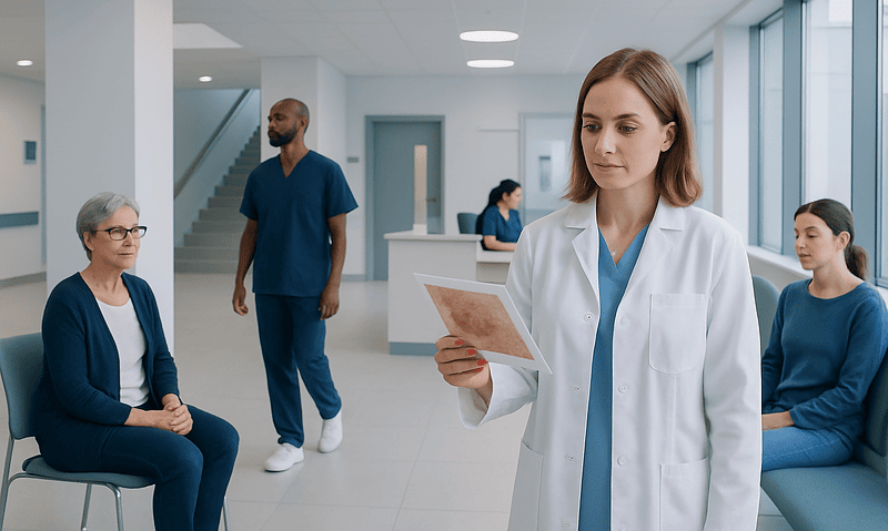 Medical professional reviewing skin condition photo in hospital setting.