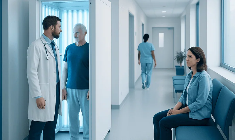 Doctor consulting with elderly patient in hospital corridor.