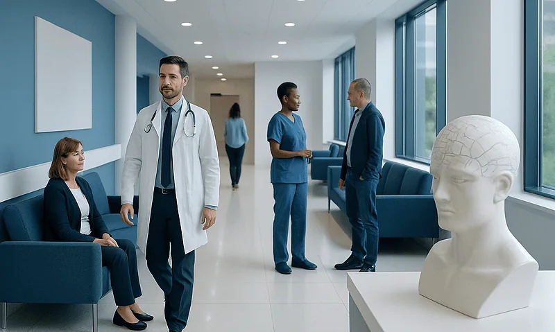 Medical professionals and patient in a modern hospital corridor with a brain model.