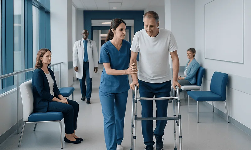 Patient using walker with nurse assistance in hospital corridor.