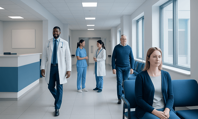 Healthcare professionals and patient in a modern hospital corridor.