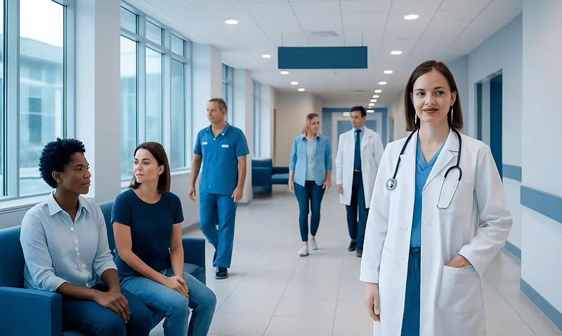 Medical team at Acibadem Hospitals Group in a modern hospital corridor.
